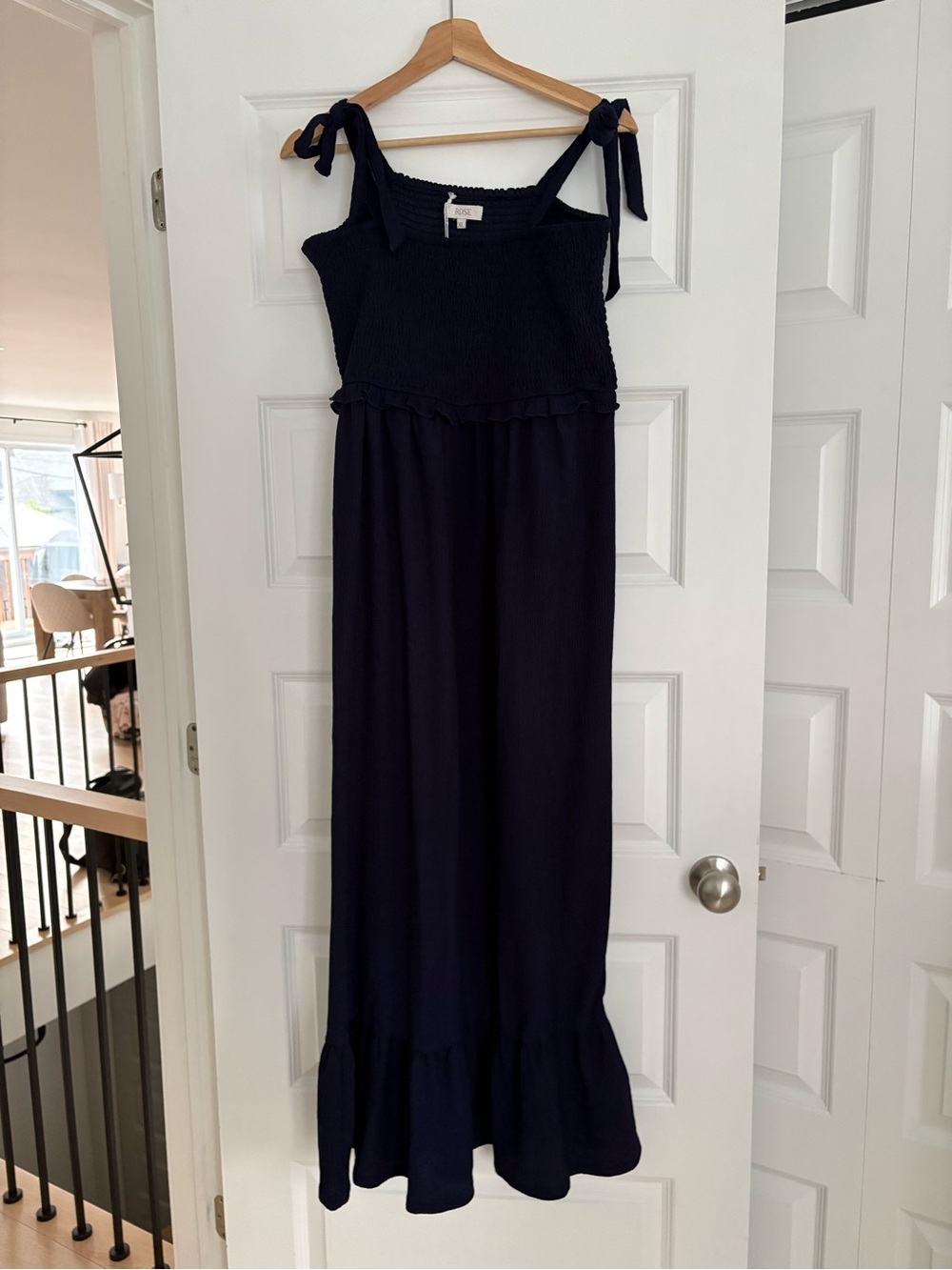 Navy Tie-Shoulder Smocked Maxi Dress